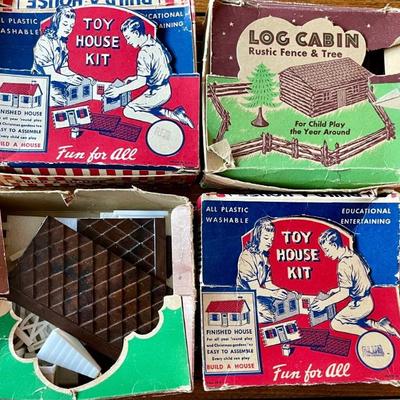 Vintage Toy House Kits - Church & Log Cabin In Original Boxes Plasticville U S A & Bachmann Bros, Inc.