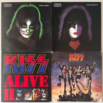(4) Vintage Kiss Vinyl Albums - Destroyer, Alive II, Peter Criss, & Paul Stanley 