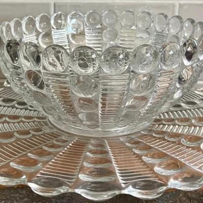 Vintage Indiana Glass Mayflower Fruit Clear Bubble Bowl And Serving Platter 