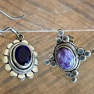 2 Pairs Of Handmade Wire Earrings - Faceted Amethyst & Charoite - Total Weight 12.4 Grams 