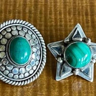 Two Pairs Of Post Hand Made Sterling Silver Earrings - Malachite Stars & Chrysoprase Ovals - 22.3 Grams 