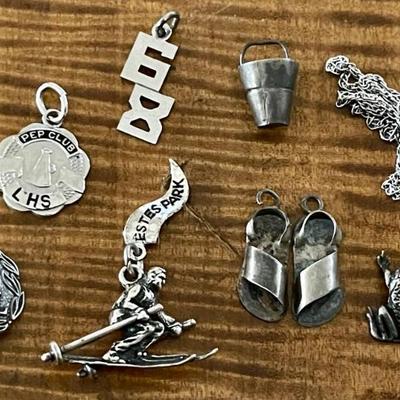 Vintage Sterling Silver Charms - Skier - Frog - Sandals - Pins & Sterling Necklace (as Is) Weight 14.5 Grams