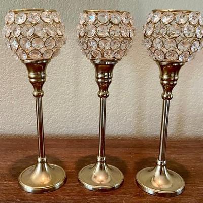 3 Crystal And Gold Tone 10 Inch Metal Candleholders Made In India 