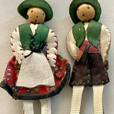 (2) Vintage European Folk Art Doll Pins With Hand Made Leather Clothing