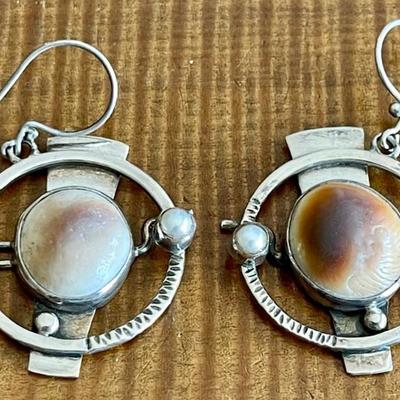 Sterling Silver & Fossil Bone Earrings - Total Weight 18.6 Grams 