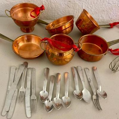 Children's Copper And Brass Pot And Pan Set With Aluminum USA Silverware