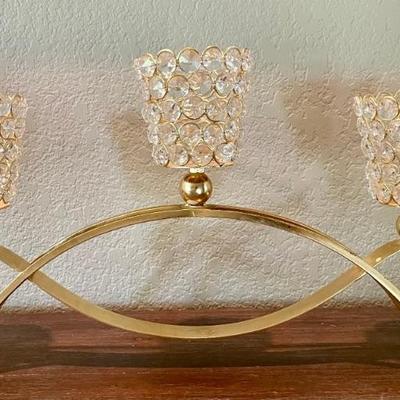 Gold Tone Metal 3 Arm Crystal Candle Holder 