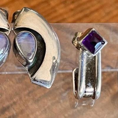 2 Pairs Of Handmade Sterling Silver Post Earrings - Faceted Amethyst & Moonstone - 9.2 Grams 