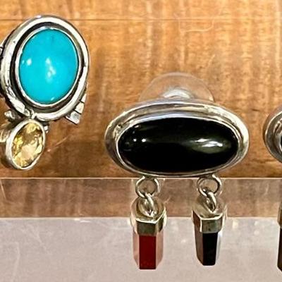 Sterling Silver - Black Onyx - Carnelian - Turquoise & Citrine Earrings - Total Weight 26.7 Grams 