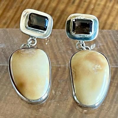 Sterling Silver Handmade Earrings With Fossil Bone & Smokey Quartz Faceted Gemstones - 13.5 Grams 