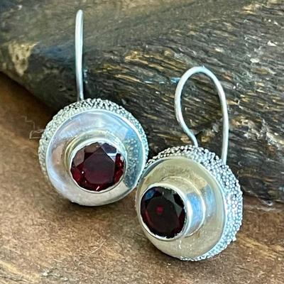 Sterling Silver & Faceted Garnet Hand Made Wire Earrings - 8.4 Grams 