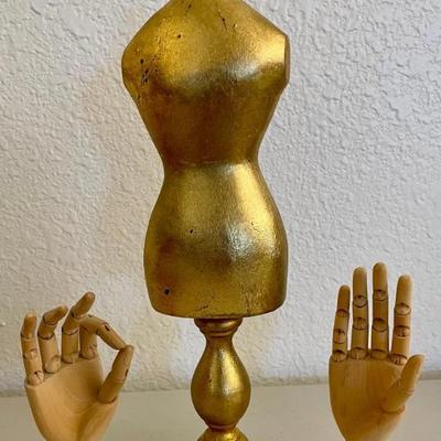 Pair Of Authentic Hand Made Wood Model Jointed Hands And A Gold Painted Miniature Torso