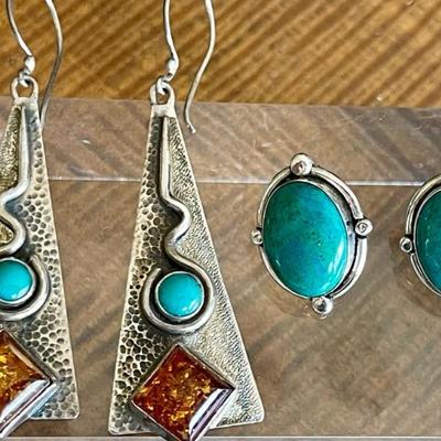 2 Pairs Hand Made Sterling Silver Earrings - Turquoise & Amber Triangles & Turquoise Oval Posts - 25.9 Grams