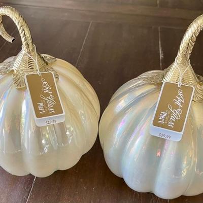 2 Pier One Iridescent Glass Pumpkins With Gold Tone Stems (1 As Is) 