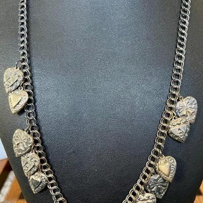 Sterling Silver Victorian Repousse Puff Heart 24" Necklace - Total Weight 50.7 Grams
