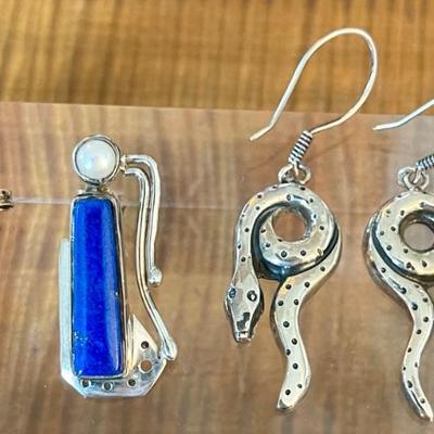 2 Pairs Sterling Silver Earrings - Snakes And Blue Lapis & Pearl