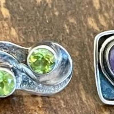 2 Pairs Of Handmade Sterling Silver Earrings - Peridot & Charoite Gemstones - 12.7 Grams 