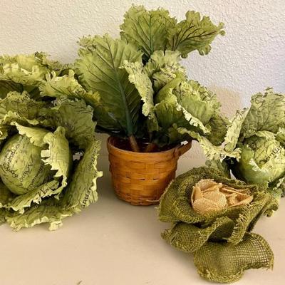 Longaberger Hand Woven Handled Basket With Decorative Faux Cabbages