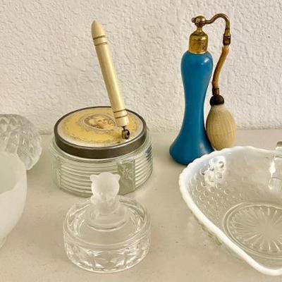 Vintage Dresser Lot - Perfume, Powder Jar With Mirror Lid, Trinket Dish, Fenton Moonstone Bowl