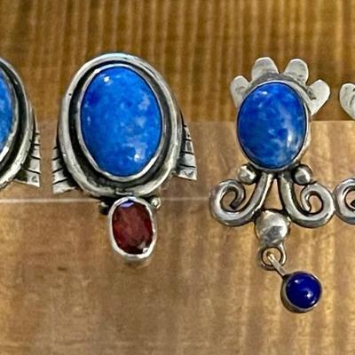 2 Pairs Of Sterling Silver - Denim & Blue Lapis & Garnet Earrings - Total Weight 18.7 Grams 