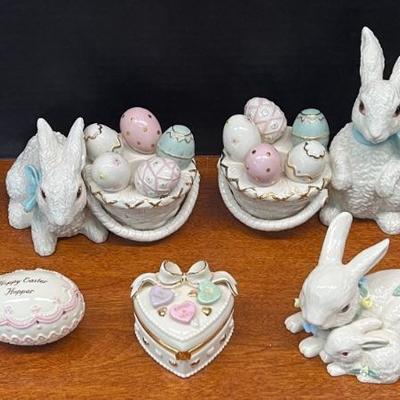 Assorted Lenox Easter Bunny Candle Sticks, Handsome Hopper, Loving Heart Treasure Box, And Bunnies