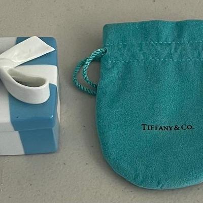 Tiffany And Co. Blue Ribbon Porcelain Trinket Box And Jewelry Bag