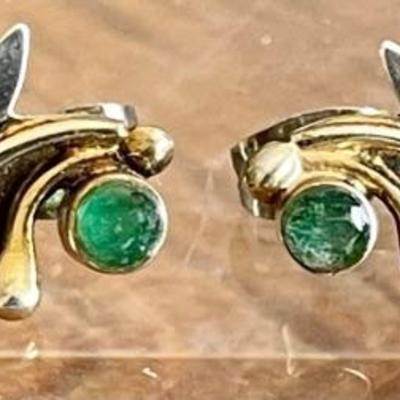 Pair Of Sterling Silver - 18K Gold Accent & Emerald Post Earrings - Total Weight 2.9 Grams 