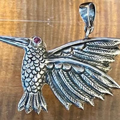 Sterling Silver & Garnet Eye Humming Bird Pendant - Total Weight 9.5 Grams