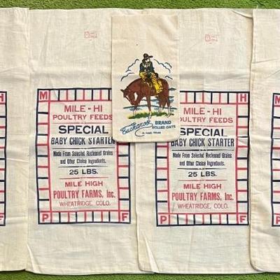 (4) Vintage Mile-hi Poultry Feeds Wheatridge Colorado 25 Pound Bags With Buckaroo Brand Rolled Oats Bag