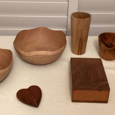 MMF052 Heart Shaped Koa Mirror, Carved Wooden Trinket Box & Other Hand Turned/Made Wooden Items
