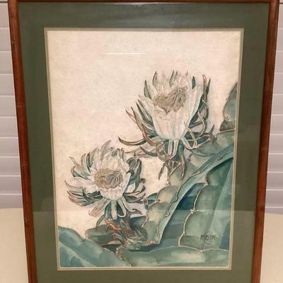 MMF074 Framed Original Watercolor Painting Of Night Blooming Cereus Flowers Signed

