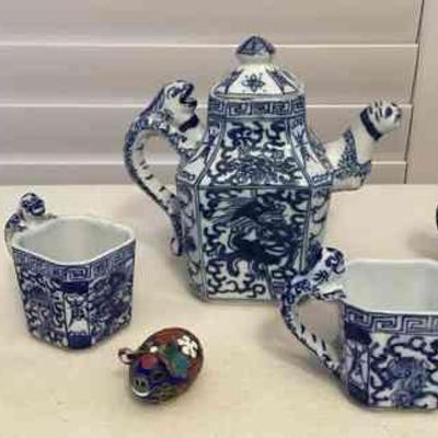 MMF056 Chinese Porcelain Tea Set, Toothpick Holder & Cloisonné Pig
