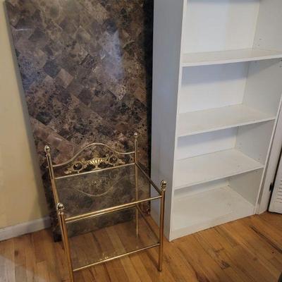 Hollywood regency end table, 1 of 2 bookcases and marble slab