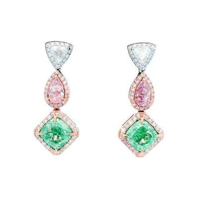 Fancy green and pink 
diamond earrings