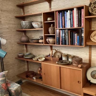 C. 1970 Scandinavian wall unit, pottery& art books