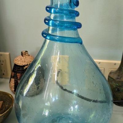 Art glass blue  decanter/vase with applied spiral thread might