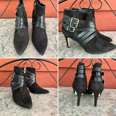 Black suede BCBG high heel ankle bootie, size 7 1/2.