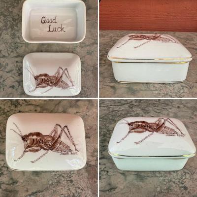 Hand painted cricket “Good Luck” ceramic trinket box. Signed S. Milan 2002