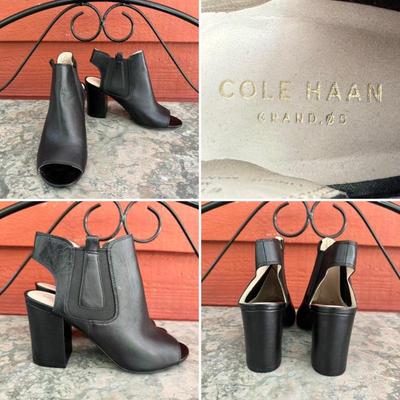 Like new Cole Haan black, open toe and heel, leather ankle booties. Size 7.