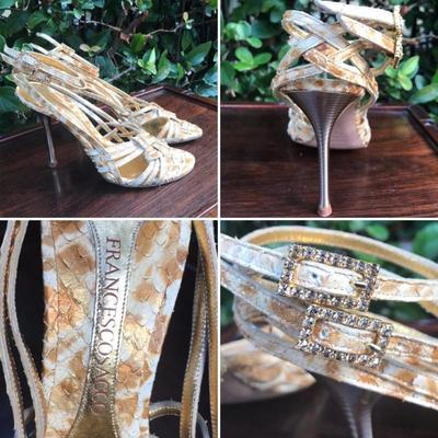 Italian Francesco Sacco variegated  golden snakeskin  high heels with rhinestone buckles. European size 37 and US size 6.5. 