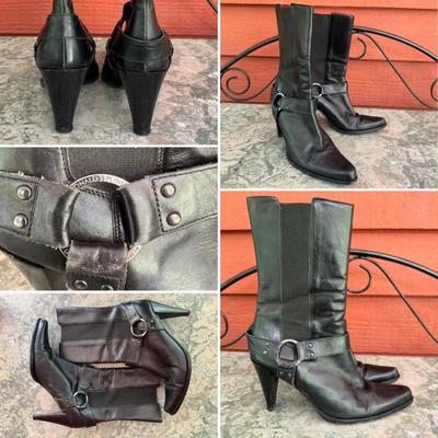Vintage Donald Pliner distressed black leather pull on high heel bootie. Size 7. 