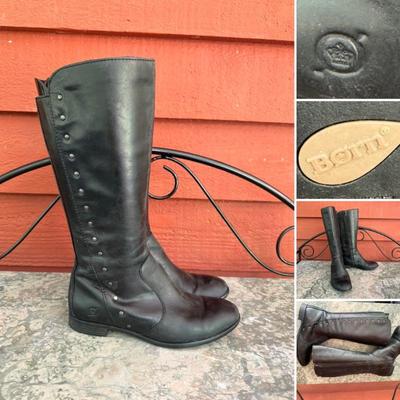 Distressed look black leather moto boots by Börn, women’s size 7.