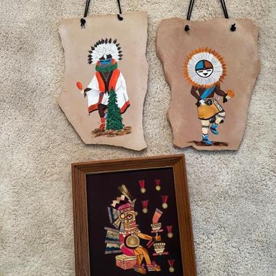 COLLECTOR:  2 original, authentic Native American paintings ON 10-lb STONE; 1 original micro-stitch picture