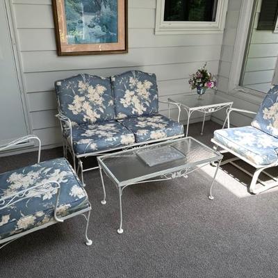 RUSSELL WOODARD COLLECTOR SUNROOM FURNITURE, white metal ensemble, swinging love seat, 2 side chairs, coffee table, side table (and picture)