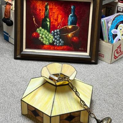 Ceiling-hung retro glass tiffany light & what appears to be an original vintage painting 