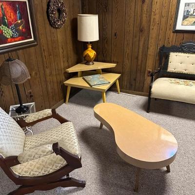 Vintage furniture, antique rocker & love seat (100 yrs old), mid-century modern coffee table (SOLD) & corner table, lamps, small white...