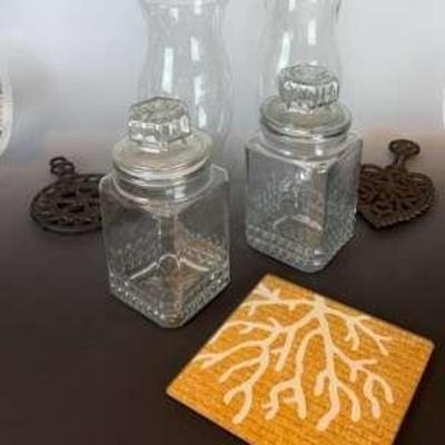 Apothecary Jars, Hurricane Glass And Trivets