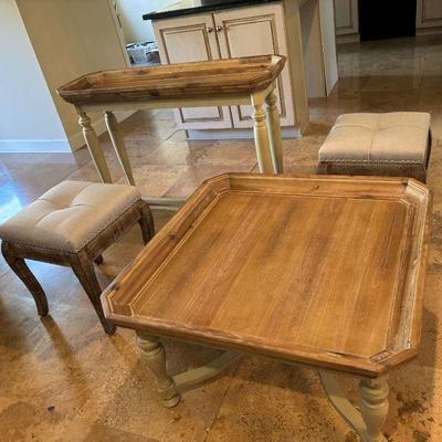 Pier 1 Coffee Table and Sofa Table with 2 Upholstered Stools