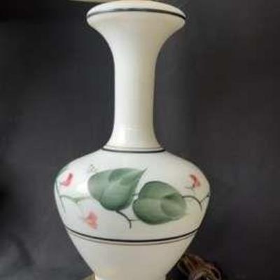 Pair of White Milk Glass Lamps with Painted Floral Design