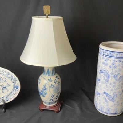 Blue & White Ceramic Lamp, Large Vase and Delft Ceramic Plate